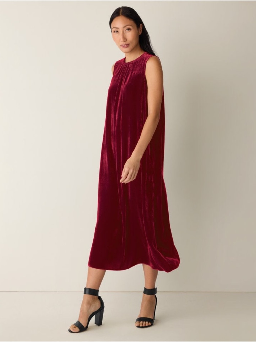 NWT Eileen Fisher Velvet Column Dress Ruby Red Sleeveless Midi Size M